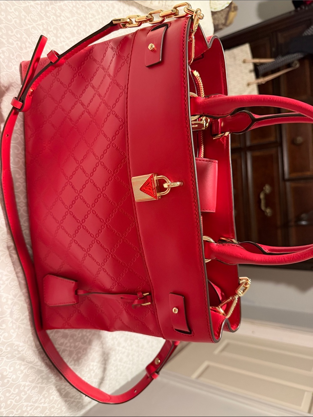 Michael Kors Red Quilted Satchel with Gold Hardware